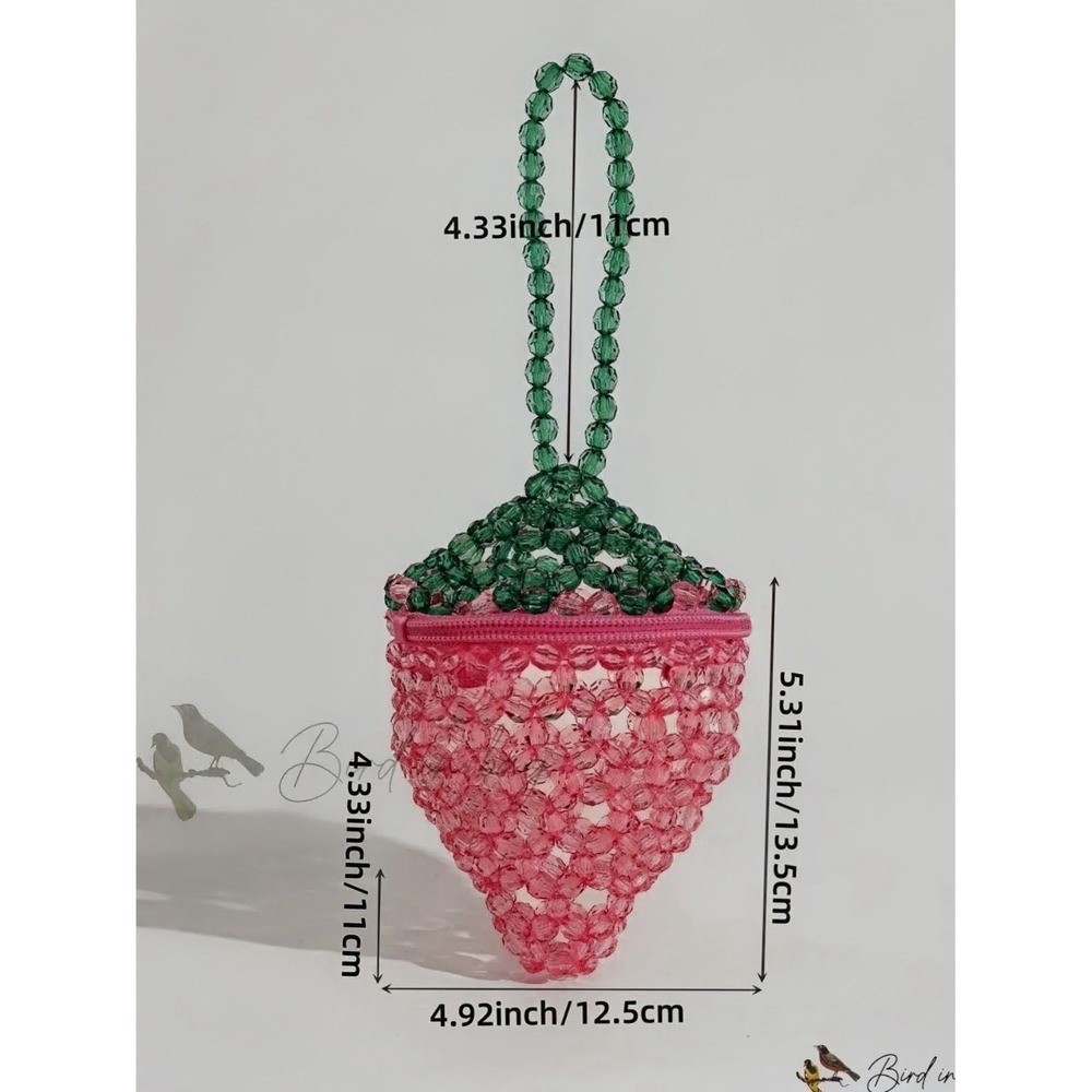 Handmade Beaded Strawberry Mini Bag Pink Green Fruit Wristlet Pouch New - Picture 3 of 6
